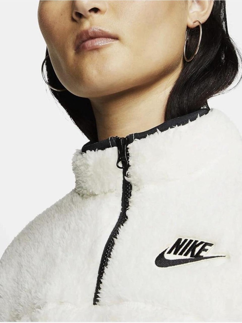 Nike Sz M Cream Sherpa Plush Fleece Quarter Zip Crop Pullover Black Logo & Trim - Picture 15 of 16